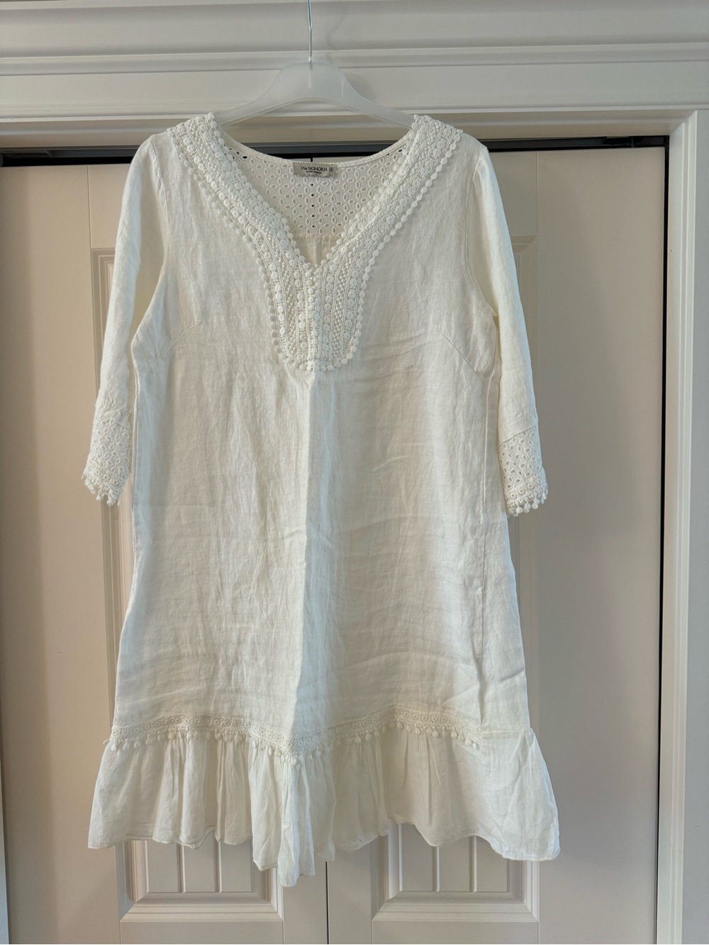100%Linen❤️Women's White Crochet-Trim Tunic DressPTP19 L36